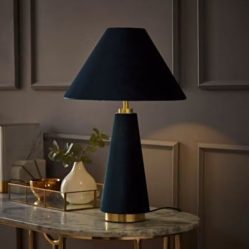 ValueLights Martha Conical Teal Velvet Table Lamp with Gold Brass Base and Bulb – 1