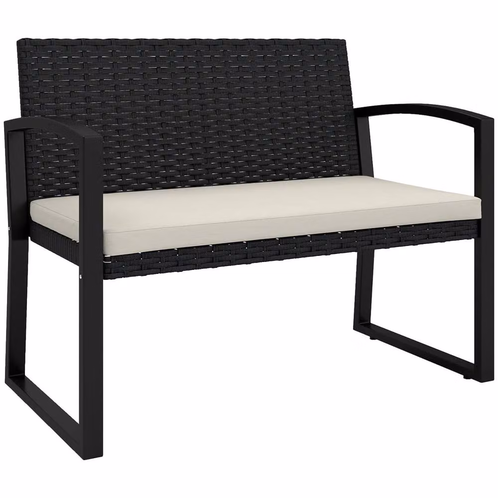 Wyld Haus Lalepa Black and Beige 2 Seater Woven Rattan and Metal Outdoor Bench – 2