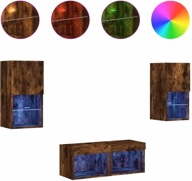 Berkfield Home 4 Piece Modern Wall Mounted TV Cabinet Set with Integrated LED Lights in Smoked Oak Brown – 1