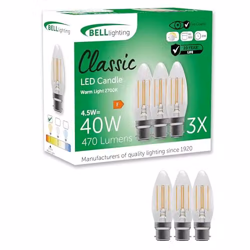 BELL Lighting B22 Dimmable LED Filament Candle Bulbs, Warm White, Pack of 3 – 1