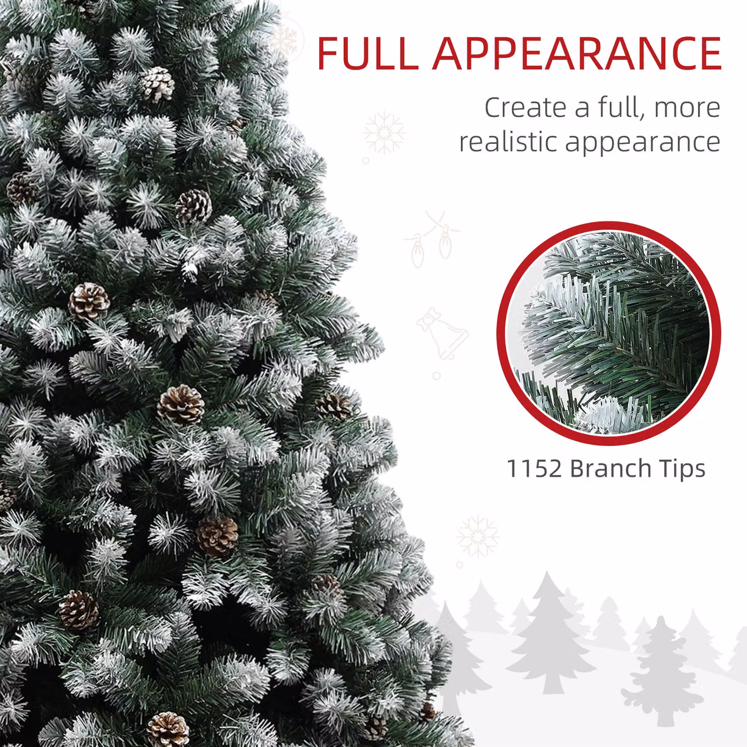 HOMCOM 7ft Artificial Pine Christmas Tree with 1152 Branch Tips, Realistic Hinged Design with Pinecones and Steel Base, Green – 6
