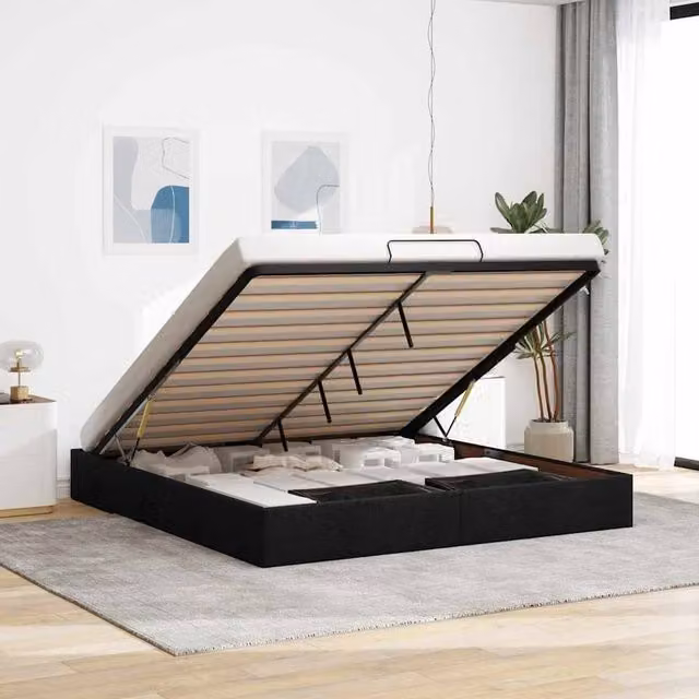 Berkfield Home Super King Ottoman Bed Frame in Black Fabric with Lift Up Base, W/D/H: 200 x 200 cm