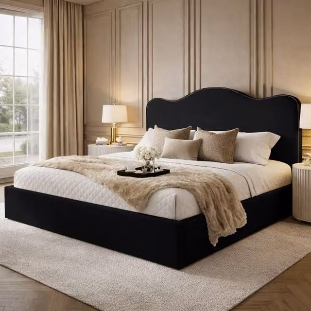 Desire Deco Angelito Upholstered Plush Velvet Bed Frame in Black, Size: Double (140 x 200 cm)