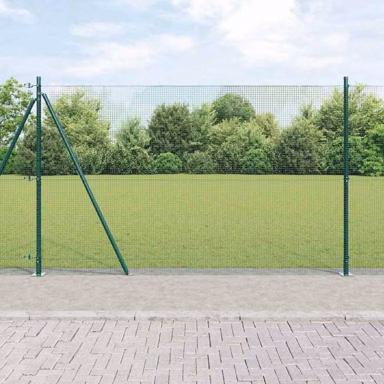 Berkfield Home Green Powder-Coated Steel Welded Wire Fence with 13 Flanged Posts, W: 25 m, H: 1.4 m