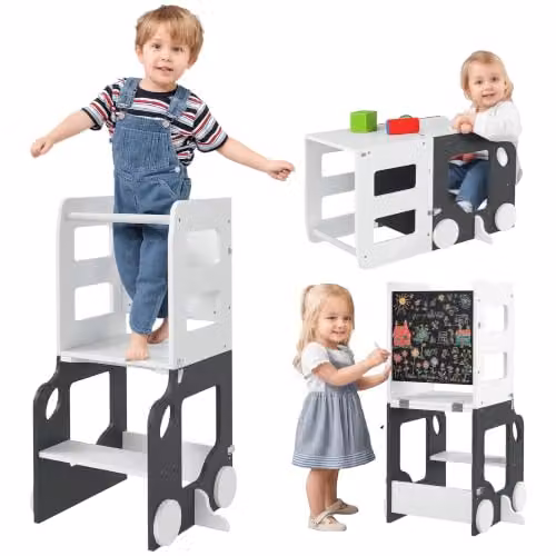 AIYAPLAY 4 in 1 Toddler Learning Tower Step Stool with Chalkboard in Grey and White – 1