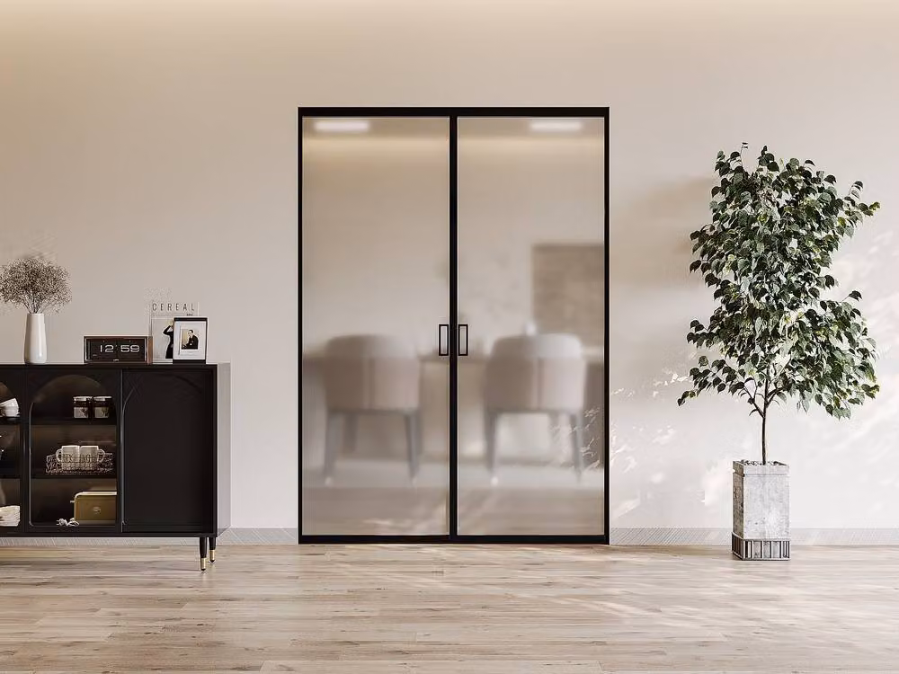 Vente-unique Modern Black Double Sliding Door with Pocket System in Aluminium and Frosted Tempered Glass – 2
