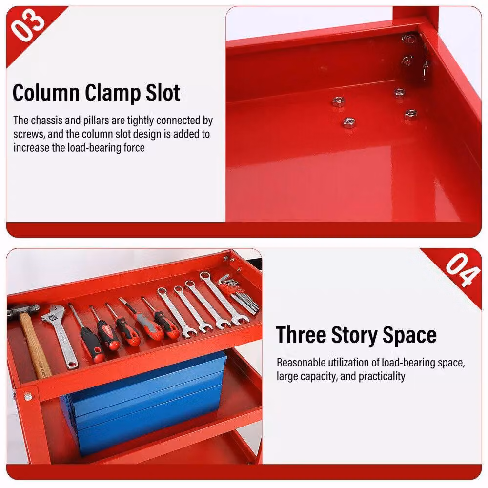 Dprodo Heavy Duty 3-Shelf Rolling Steel Cart with Lockable Wheels, Red, W/D/H: 60 x 60 x 60 cm – 3