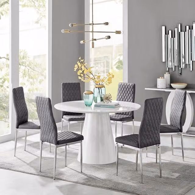 FurnitureboxUK Palma White High Gloss Round Dining Table and 6 Grey Velvet Milan Chairs