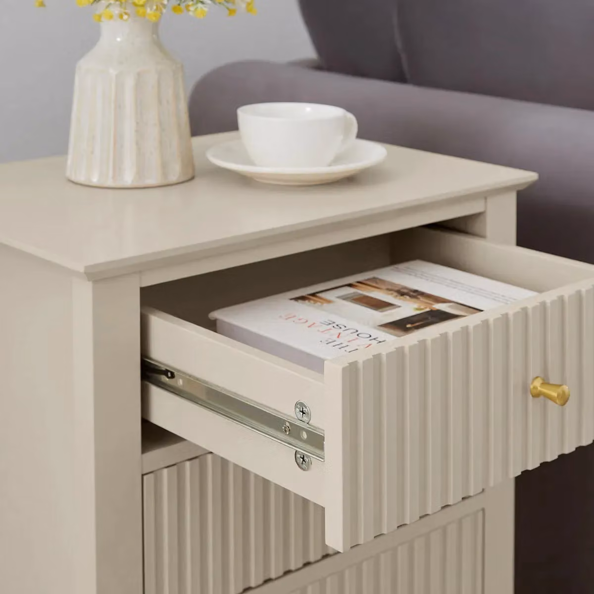 Melody Maison Hales Taupe Range Pair of 3 Drawer Bedside Tables in Taupe, Black, Gold and Beige – 2