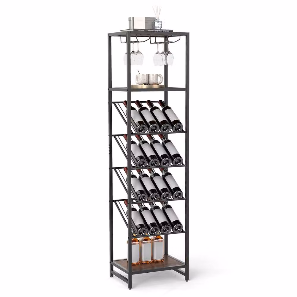 Gymax 7-Tier Freestanding Wine Rack and Liquor Storage Stand with Glass Holder in Brown – 2