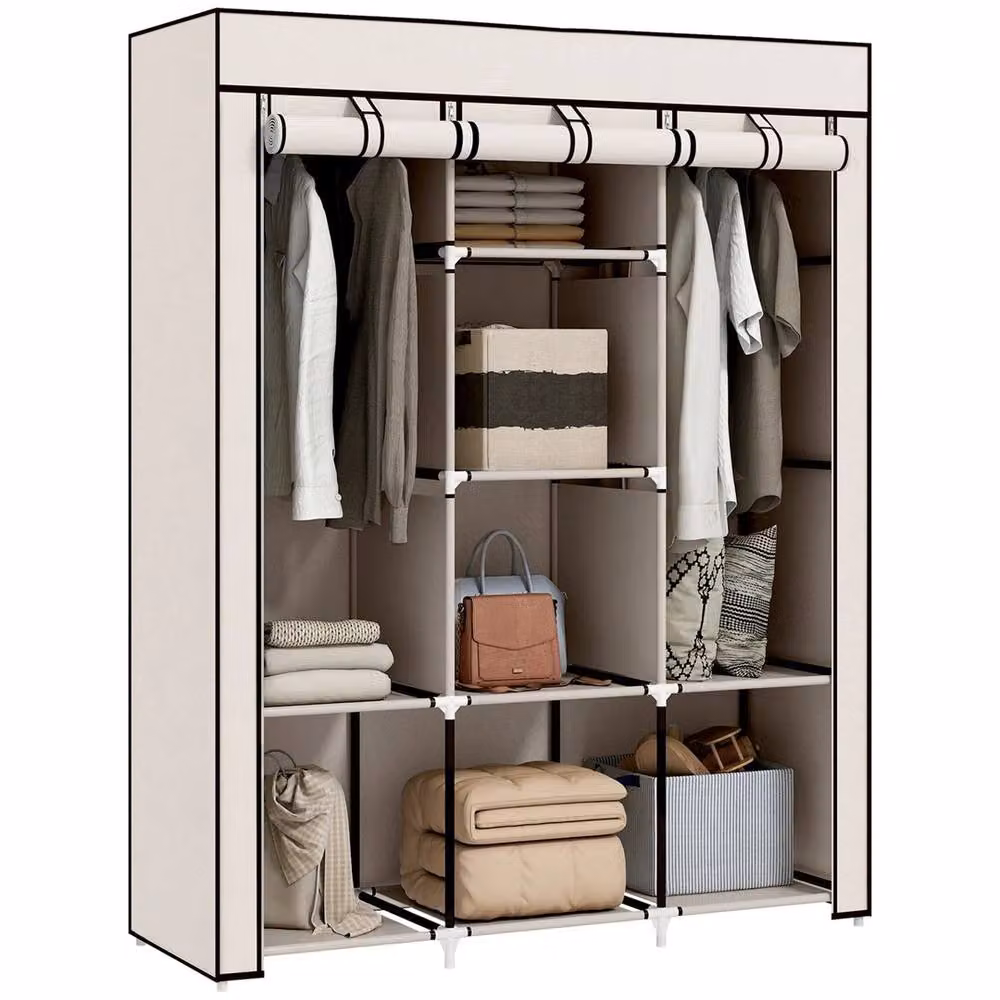 HOMCOM Portable Fabric Wardrobe with Roll Shutter, Hanging Rod and Internal Shelves in Beige, H 162.5 x W 125 x D 43 cm – 2