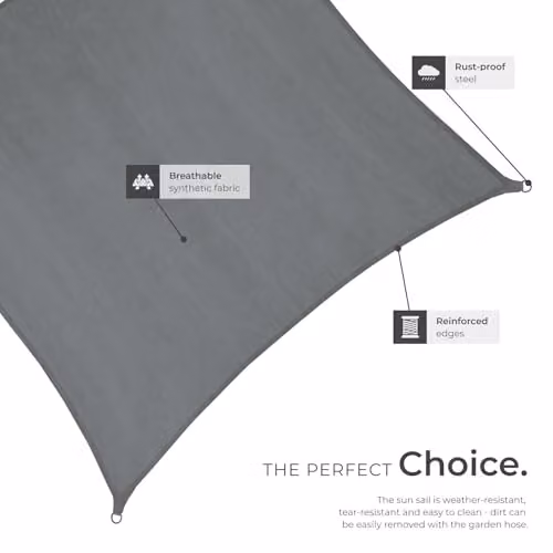 tectake Sun Shade Sail Square Grey Polyethylene Fabric with UPF 50+ UV Protection, 4 x 4 m – 4