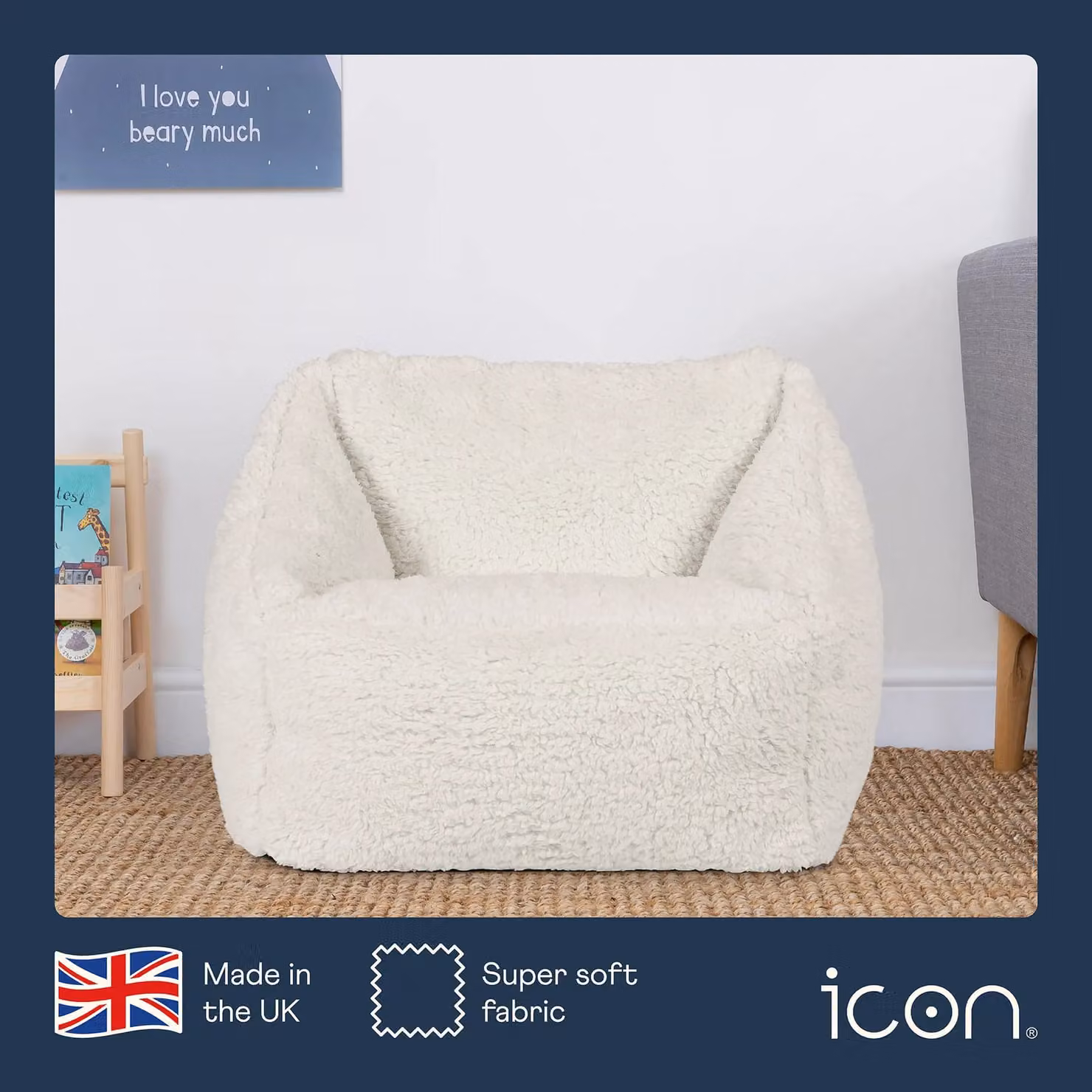 icon Kids Natalia Teddy Berber Fleece Childrens Bean Bag Armchair in White and Beige, W/D/H: 44 x 44 x 44 cm – 3