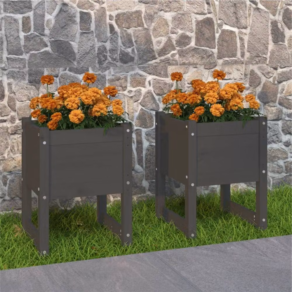 Berkfield Home Set of 2 Grey Solid Wood Pine Planters, W/D/H: 40 x 40 x 52.5 cm – 2
