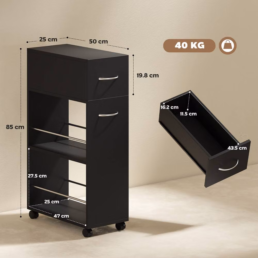 HOMCOM Rolling Storage Unit with Drawer and 4 Wheels in Black – 3