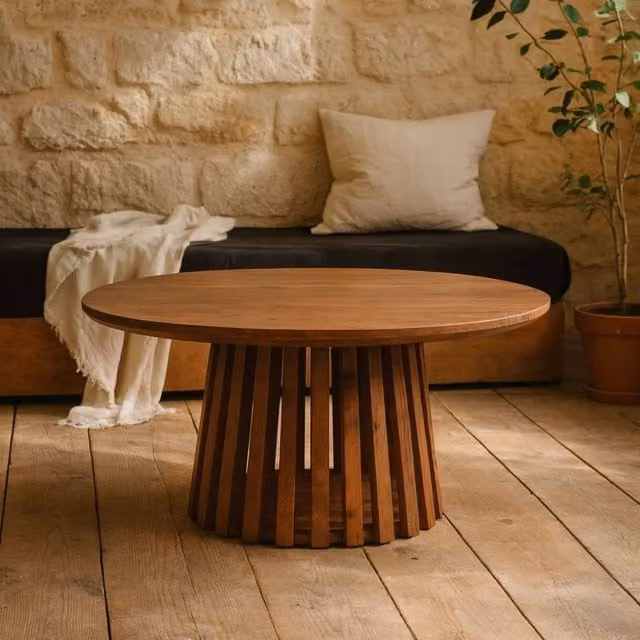 Wyld Haus Birmingham Mid-Century Round Slatted Mango Wood Coffee Table in Brown – 1