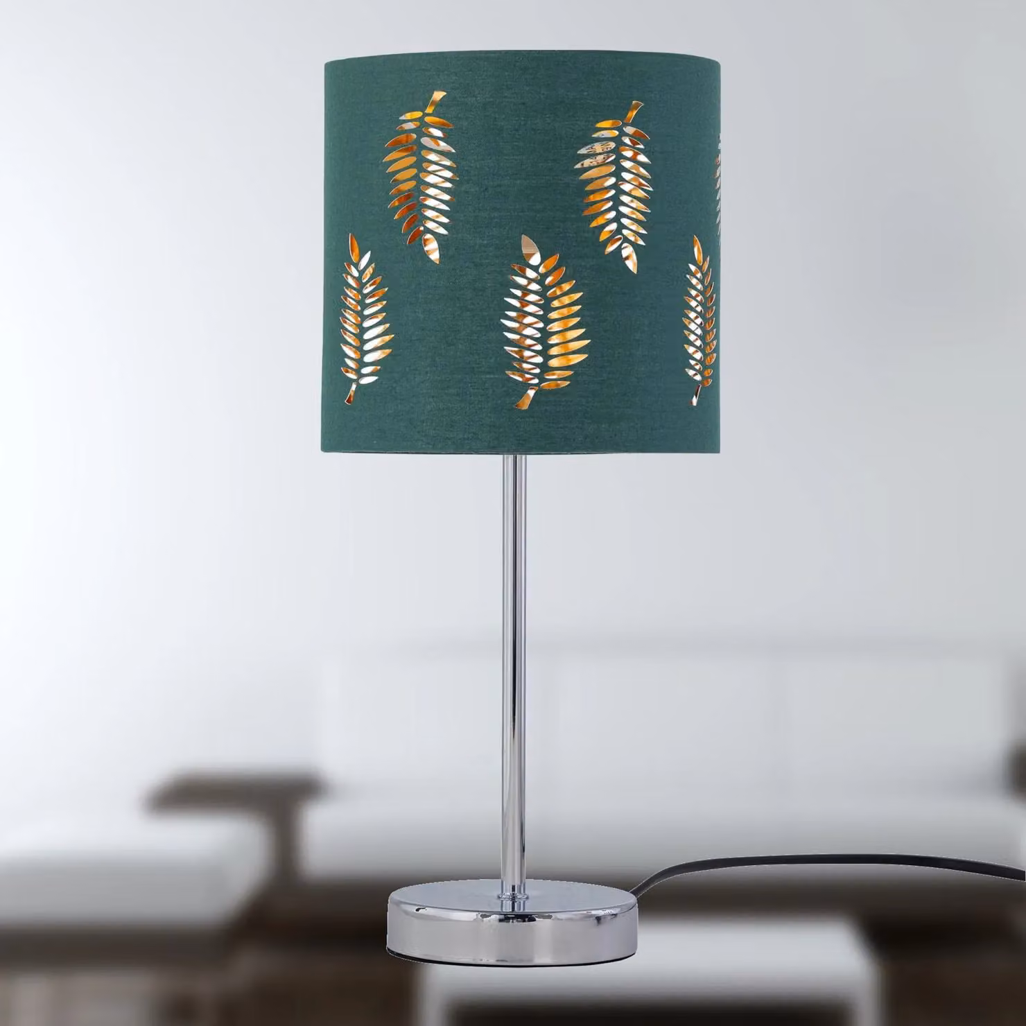 First Choice Lighting Chrome Stick Table Lamp with Dark Green Fern Cut Out Fabric Shade in Silver – 5