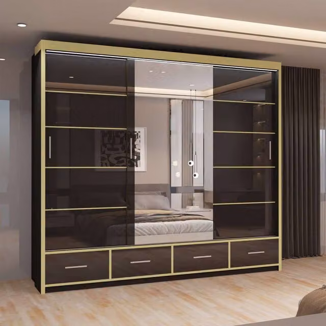 MN Furniture Modern High Gloss Sliding Mirror Wardrobe with LED Lighting in Black and Gold, W: 253 cm, H: 220 cm