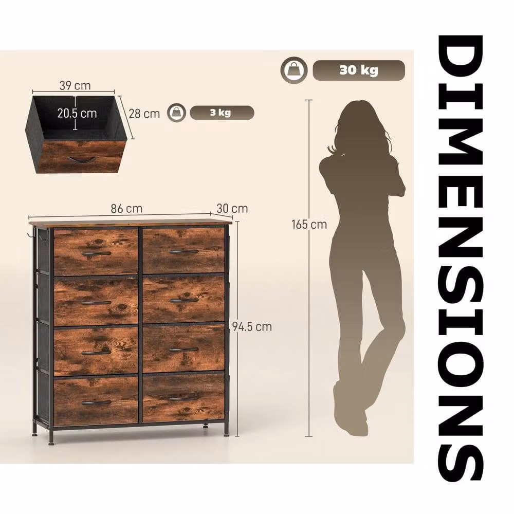 FURNOS Industrial 8 Fabric Drawer Chest Storage Unit in Brown, H 94.5 x W 86.0 x D 30.0 cm – 6
