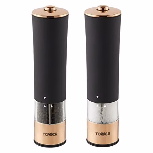Tower Electric Salt and Pepper Mill in Rose Gold and Black with Stainless Steel and Soft-Touch Body