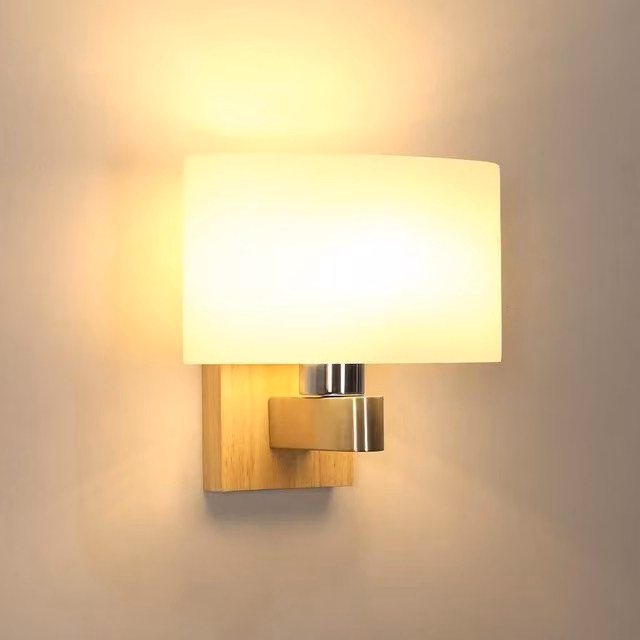 Goeco E27 Vintage Interior Wall Light with White Oval Glass and Wood Lampshade