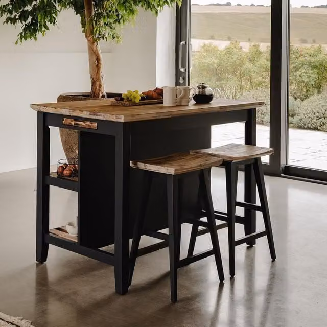 Florence Breakfast Bar with Shelves in Navy Blue Acacia Wood