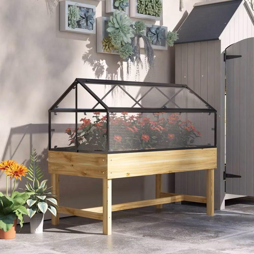 NESTLUNE Raised Garden Bed with Polycarbonate Panel in Sand, W/D/H: 103 x 60 x 60 cm – 2