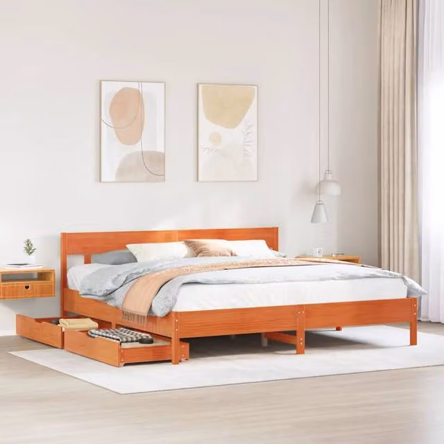 Berkfield Home Rustic Solid Wood Pine Bed Frame in Wax Brown, 200 x 200 cm – 1