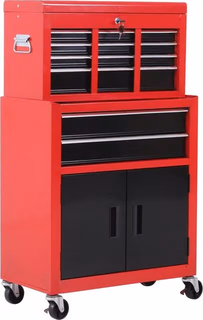 HOMCOM Red Metal Tool Chest with 6 Drawers, Pegboard and Lockable Roller Cabinet, W: 61.6 cm, D: 33 cm, H: 108 cm – 1