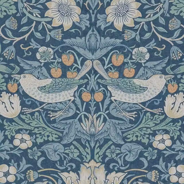 William Morris At Home Strawberry Thief Floral Cotton Fabric in Blue