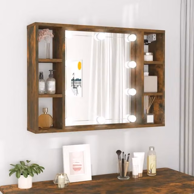 Berkfield Home Mirror Cabinet with LED Lighting in Smoked Oak Brown, W/D/H: 76 x 15 x 55 cm – 1