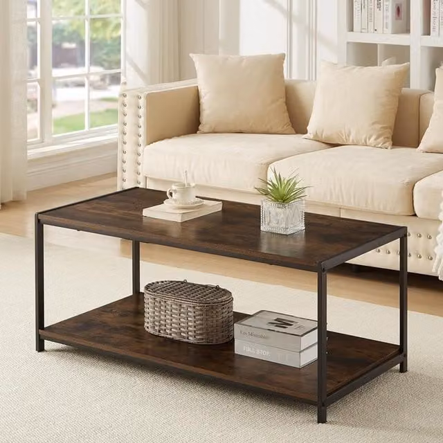 House Of Home Rustic Brown Rectangular Wood Coffee Table with Metal Frame