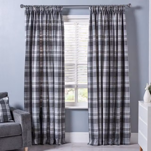 Divante Grey Checked Blackout Thermal Insulating Pencil Pleat Fabric Curtains, Height: 229 cm