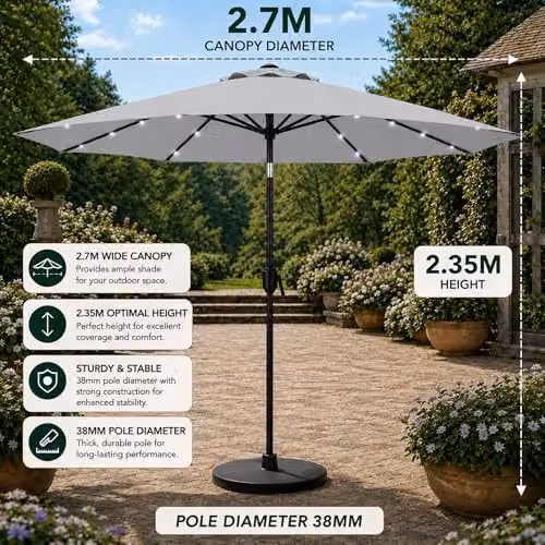 GlamHaus Solar LED Tilting Garden Parasol with Crank Handle and UV40 Protection, Grey – 2
