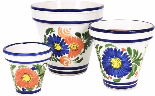 Verano Spanish Ceramics Classic Floral Round Ceramic Tabletop Plant Pot Set in Blue and Multicolour