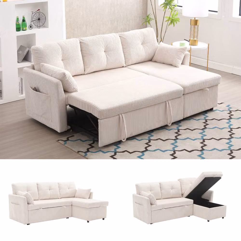 Direct Wicker Reversible L-Shape Sofa with Storage and Pull-Out Bed in Beige, W/D/H: 206 x 150 x 88 cm – 2