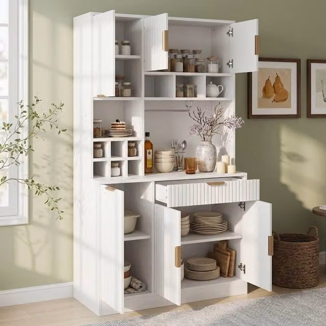 BTM White Modern Tall Kitchen Sideboard with Glass Doors and Wine Rack, W/D/H: 100 x 40 x 175 cm