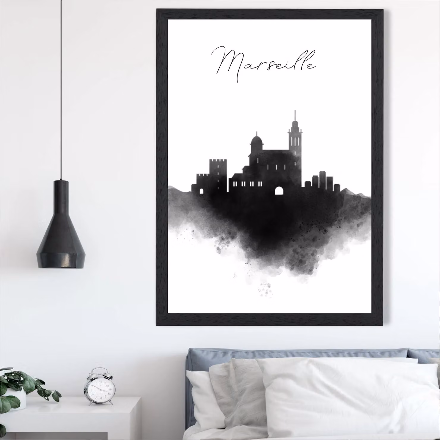 ARTZE Marseille Watercolour Skyline City Framed Print in Black – 2
