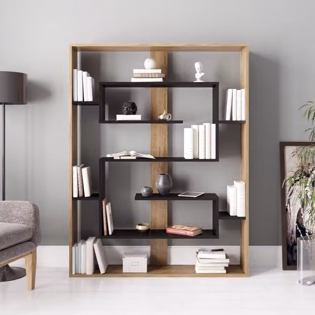 Decorotika Esteban 6-Tier Modern Geometric Bookshelf in Brown and Black, H: 156 x W: 120 x D: 30 cm