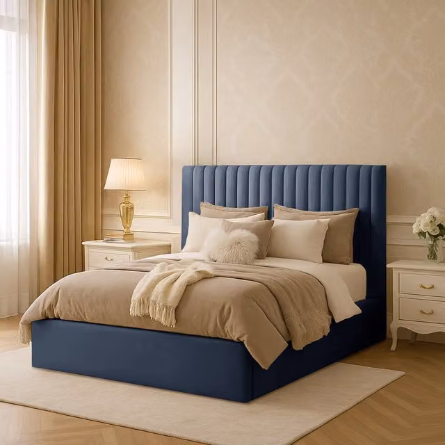 Desire Deco Indigo Upholstered Velvet Bed Frame in Grey and Blue, W/D/H: 180 x 200 cm