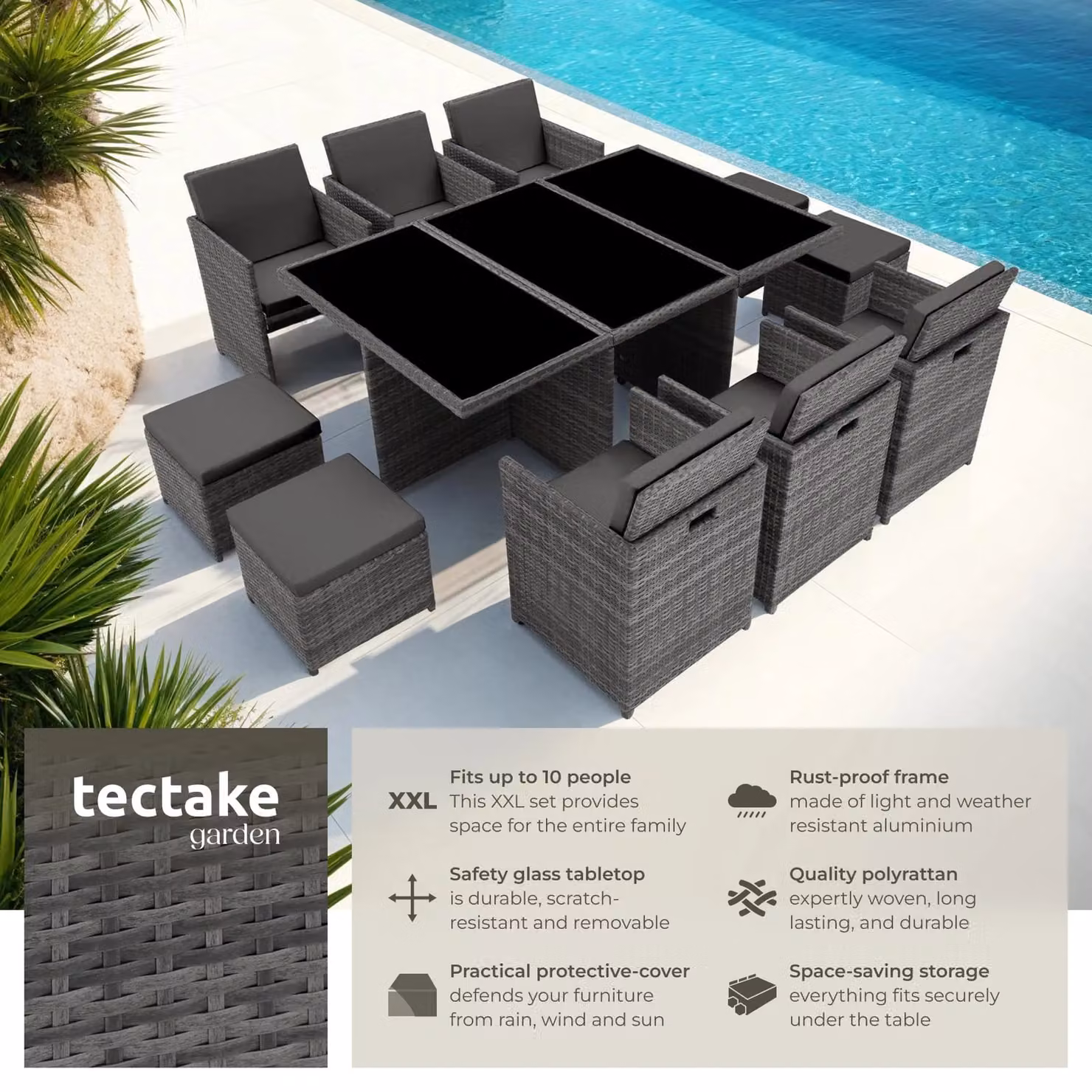 tectake New York Modern Rattan Garden Table and Chairs Set with Glass Top in Grey and Beige – 2