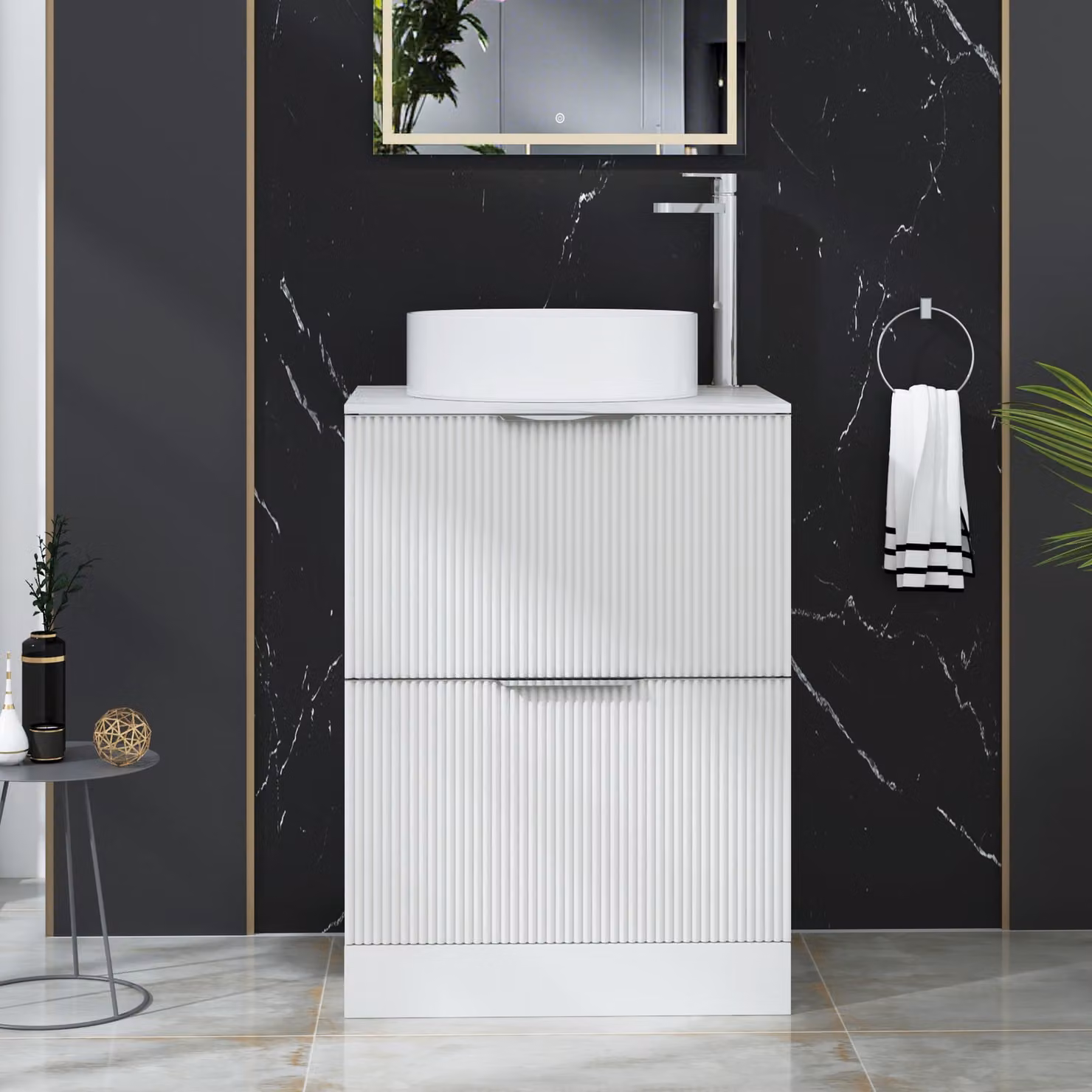 Royal Bathrooms Evora 600mm Matt White Fluted Floor Standing 2 Drawer Vanity Unit with Carrara White Stone Worktop