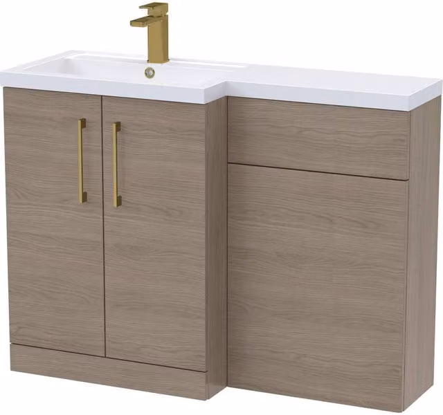 Balterley Modern Brown Wood Left-Hand Vanity and WC Unit Combination with Brushed Brass Details, W: 110 cm, H: 84 cm