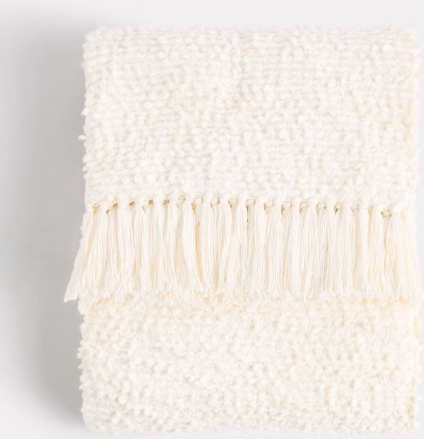 M&S Pure Cotton Bouclé Knitted Throw with Fringes in Cream