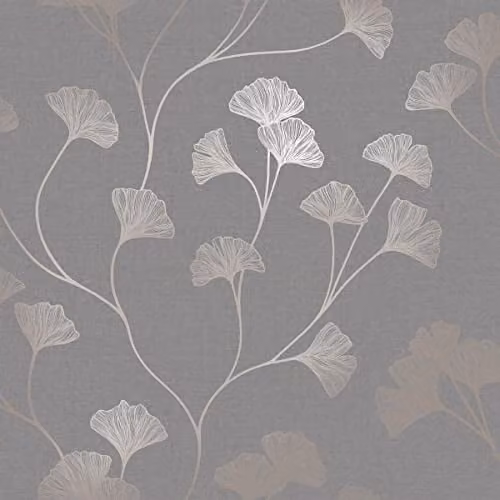 Holden Decor Glistening Gingko Paper Wallpaper in Dark Grey and Rose Gold, 10.05 m x 0.53 m