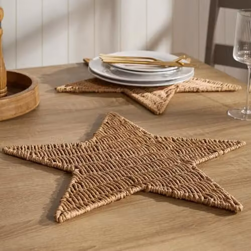 OHS Set of 2 Rustic Christmas Star Paper Rope Placemats, Beige, W/D/H: 42 x 42 x 0 cm