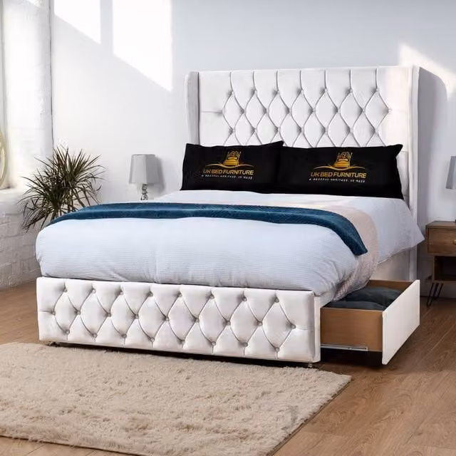UK Bed Furniture Luxor Living White Velvet Wingback Divan Bed with 54 Inch Headboard and 2 Foot End Drawers, W/D/H: 120 x 200 cm, Small Double