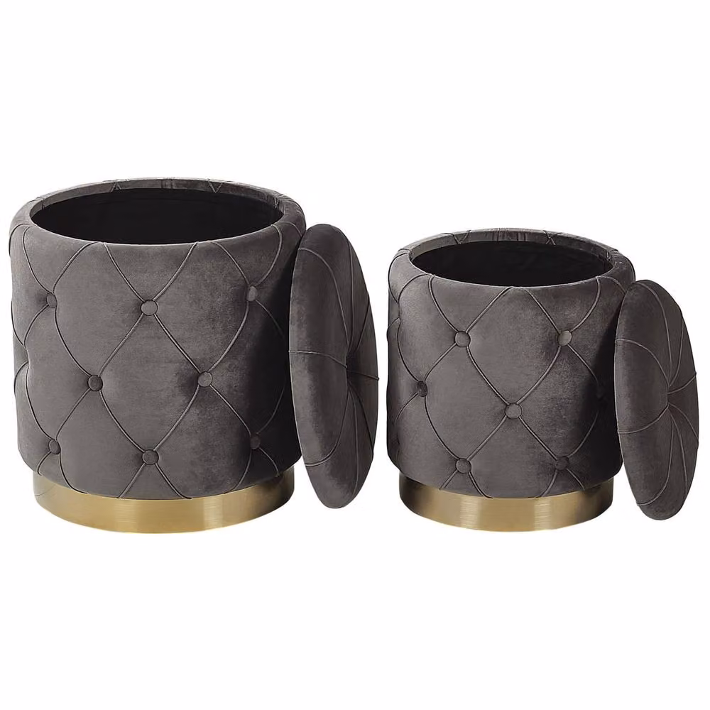 Wyld and Coco Grey Velvet Cylindrical Storage Pouffes with Gold Metal Base – 3