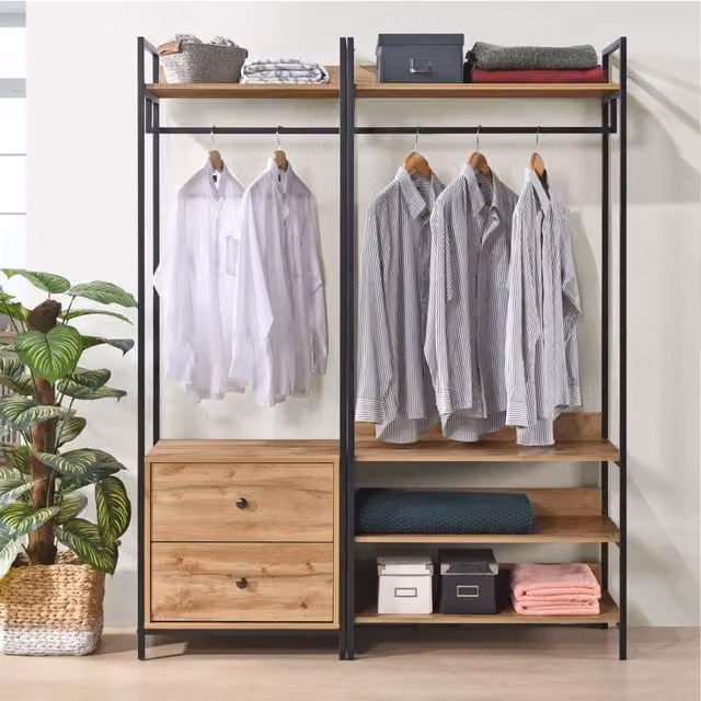 Swish Furniture Alva Pair of Double Open Wardrobes with 2 Drawers and 4 Shelves in Oak and Black