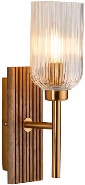 Netlighting Grove Wall Lamp in Brown with Beechwood, Vintage Brass and Transparent Ribbed Glass, E14 – 1